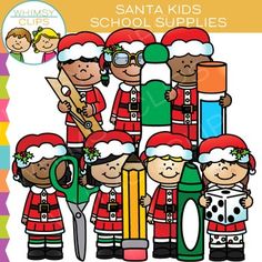 a group of children in christmas costumes holding instruments and singing with the words santa kids school supplies