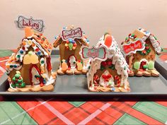 three decorated gingerbread houses on a tray