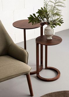 two small tables with plants in them sitting on the floor next to a chair and rug