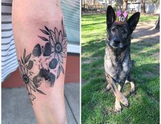 two pictures one with a dog and the other has a flower tattoo on it