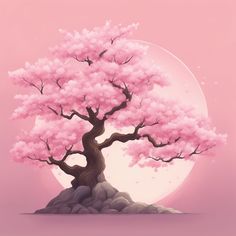 a tree with pink flowers in front of a full moon and some rocks on the ground