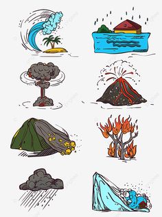 the different types of volcanos are depicted in this cartoon style, which includes an image of