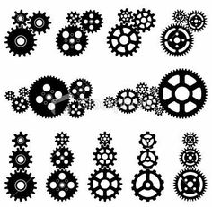 gears and wheels silhouettes on white background, set of various shapes and sizes for design