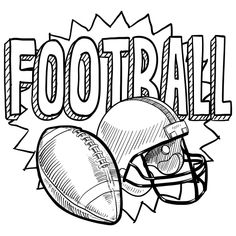 a football helmet and ball with the word football in black ink on a white background