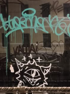 graffiti written on the side of a building in front of a window with an eye drawn on it