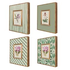 three framed pictures with flowers on them in green and white striped wall art pieces,