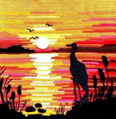 a painting of a sunset with birds flying over the water