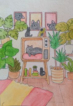 a drawing of a cat sleeping on top of a tv set in front of potted plants