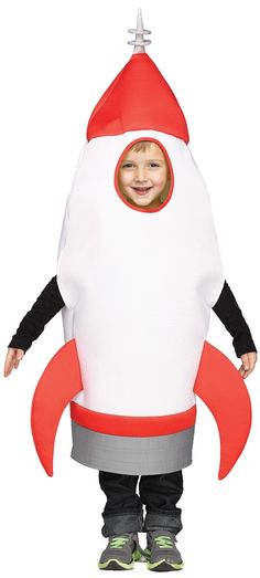 a little boy in a costume that looks like a rocket ship