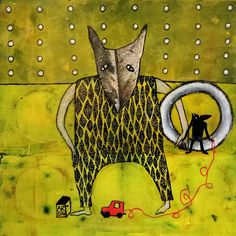 a painting with an elephant holding a life preserver in it's trunk and a cat on the other side