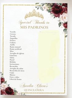 a menu with flowers and gold trim on it