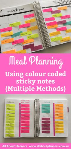 an open planner with sticky notes on it and the text meal planning using color code