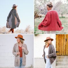 four pictures of women wearing hats and sweaters