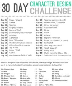 the 30 day character design challenge is shown in green and black, with text on it