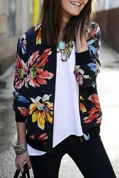 Flower Print Baseball Jacket Mode Ab 50, Elegante Casual, Outfit Trends, Floral Jacket, Looks Style, Mode Inspiration