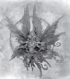 a drawing of an angel with large wings