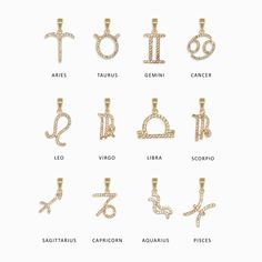 an image of zodiac symbols on a white background with the names in english and spanish