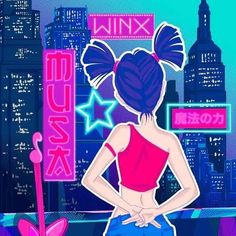 a girl with her back to the camera in front of a neon cityscape