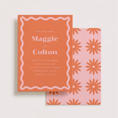 an orange and pink wedding card on top of each other with the words, maggie and cotton