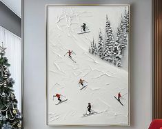 a painting of skiers skiing down a snow covered slope in front of a christmas tree