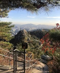 stairs lead up to the top of a mountain with a view of city in the distance