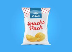 a bag of potato chips on a blue background with the words my potato snacks pack