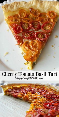 there is a slice of cherry tomato basil tart pie on the plate and it has been cut into slices