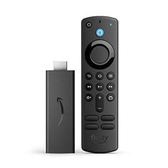 a remote control sitting next to an apple tv box with the amazon fire stick attached