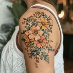 Detailed floral tattoo design on upper arm with vibrant flowers and botanical elements - precise ink work for body art enthusiasts. Vintage Tattoo Sleeve, Botanical Tattoo Design, Belle Tattoo, Arrangement Of Flowers, Flower Wrist Tattoos, Flower Tattoo Arm, Sweet Tattoos, Birth Flower Tattoos