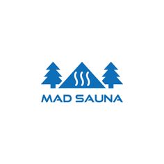 the mad sauna logo is shown on a white background with blue trees and mountains