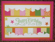 a happy birthday card with colorful stars and ribbons on it's border, which says happy birthday