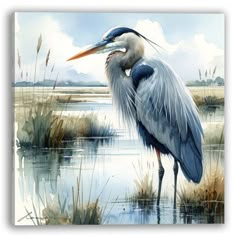 a painting of a blue heron standing in the water with its beak open and it's long bill sticking out