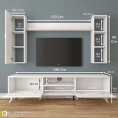 an entertainment center is shown with measurements for the wall unit and shelf space in front of it