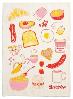 a tea towel with breakfast foods on it