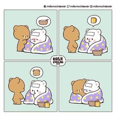 the comic strip shows two teddy bears in bed, one is sleeping and the other is drinking