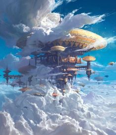 an artist's rendering of a floating city in the sky, with lots of clouds