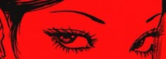 an image of a woman's face with red background and black eyeliners