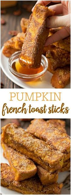 pumpkin french toast sticks on a white plate with orange sauce in the middle and an image of