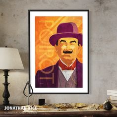 a painting of a man wearing a purple hat and bow tie is hanging on the wall