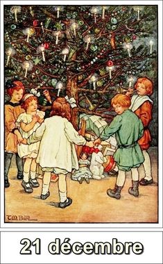 children are gathered around a christmas tree