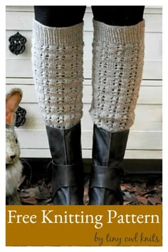 a woman's legs wearing boots and leg warmers with text overlay that reads free knitting pattern