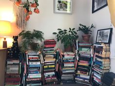 a room filled with lots of books and plants