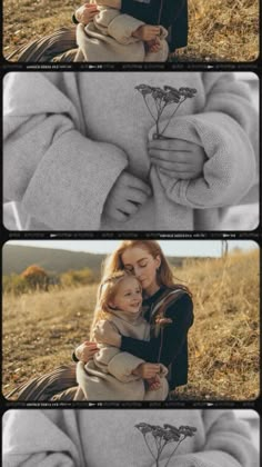 three different shots of people hugging each other in the middle of two pictures, one is holding