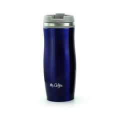 a blue stainless steel travel mug with the word mr coffee printed on it's side