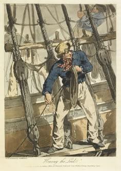 a man standing on top of a boat next to ropes