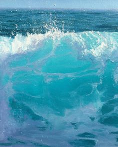 an oil painting of blue ocean waves with white foam on the bottom and one wave in the middle