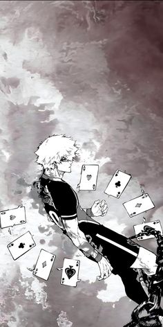 an anime character with cards falling from his hands