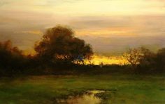 an oil painting of trees and water in the evening sun, with green grass on either side