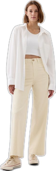 Neutral Cotton Bottoms With Five Pockets, Gap Bottoms With Five Pockets For Fall, Gap Pants With Pockets For Fall, Fall Cotton Chinos With Button Closure, Cream Pants For Everyday Spring Wear, Cropped Work Pants With Button Zip Fly, High-waisted Cotton Bottoms With Button Zip Fly, Cropped Leg Workwear Pants With Button Zip Fly, Business Casual Cream Straight Leg Bottoms