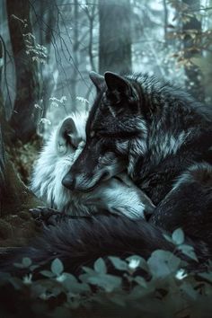 an image of two wolfs sleeping in the woods with their faces close to each other